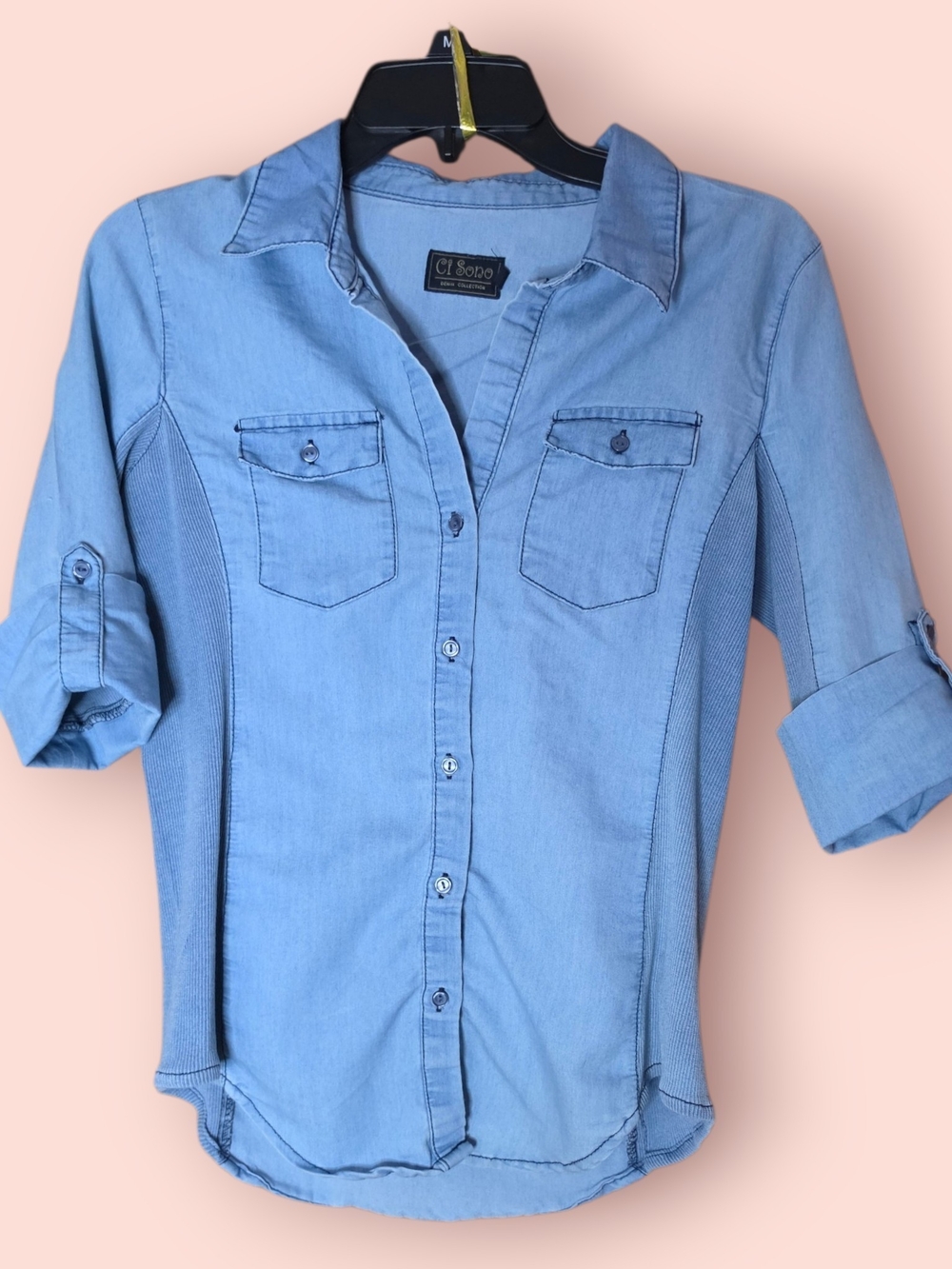 Ci Sono Chambray Blue Button-Front Roll-Tab Shirt